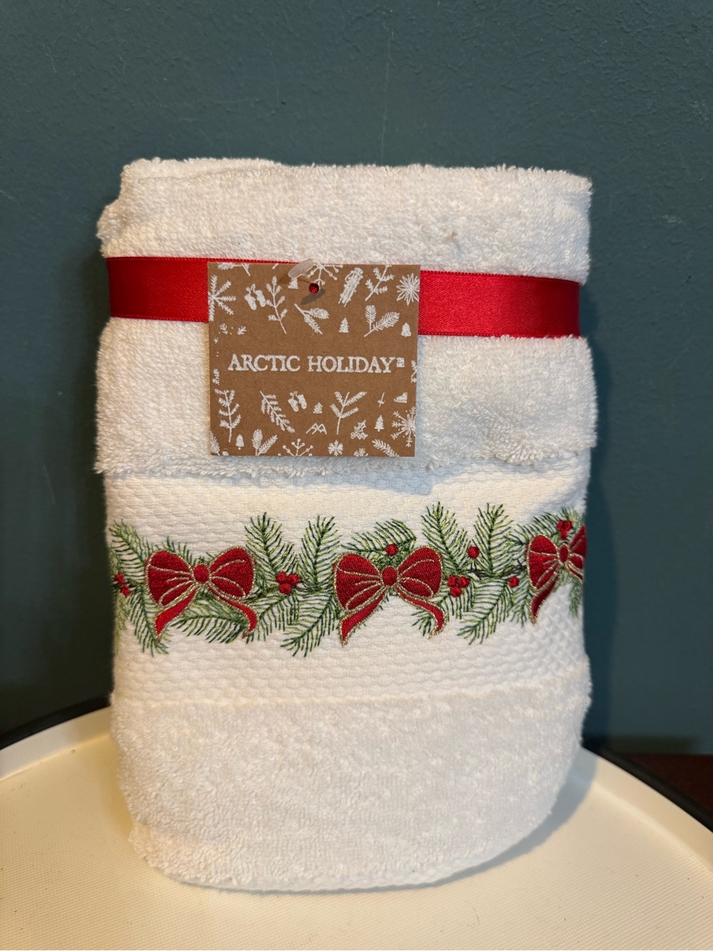 Arctic Holiday White Holiday Embroidered Hand Towels with Red Bows Pine Tinsel